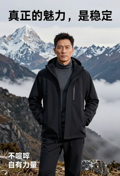 Mature asian man in black jacket standing in rugged misty mountain landscape