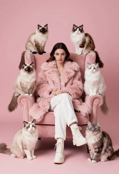 Woman in pink fur coat surrounded by six fluffy cats on pink