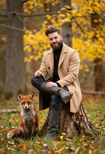 Man in beige coat and boots sitting by red fox in autumn