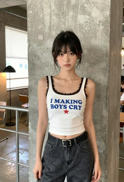 Young woman in white top and denim jeans against concrete wall
