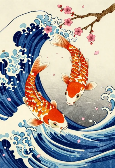 Koi fish swimming through blue wave with cherry blossoms