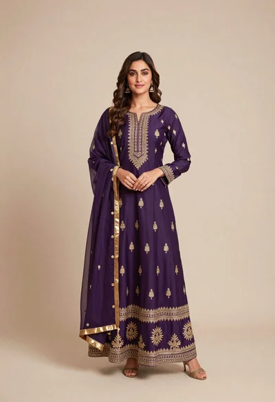 Full body portrait of woman in elaborate purple indian outfit studio setting