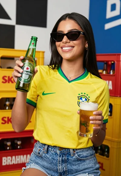 Smiling woman in yellow jersey holding beer bottles against branded crates