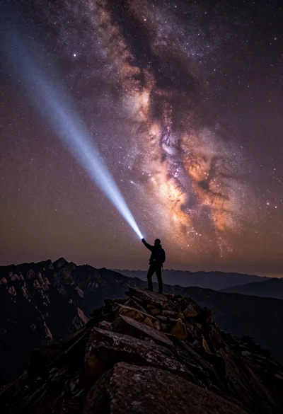 Silhouette figure on rocky peak shining light into starry nebula sky