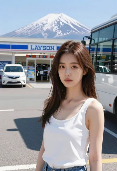 Young east asian woman by convenience store with mount fuji backdrop