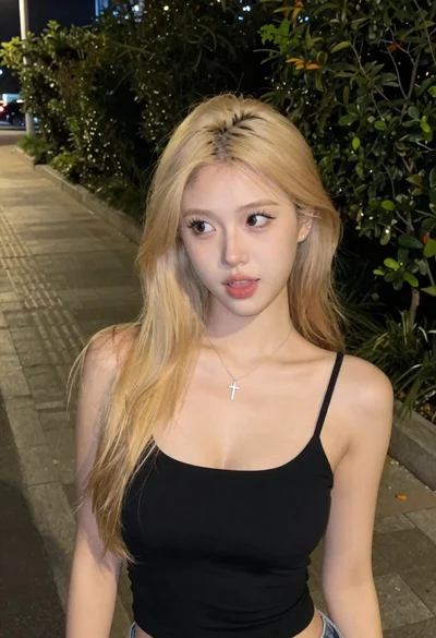 Young blonde woman on sidewalk at night looking sideways candidly