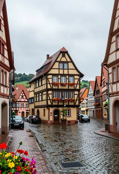 Picturesque european town square with halftimbered buildings and wet cobblestone street