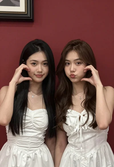 Two young women posing together against a deep red wall backdrop