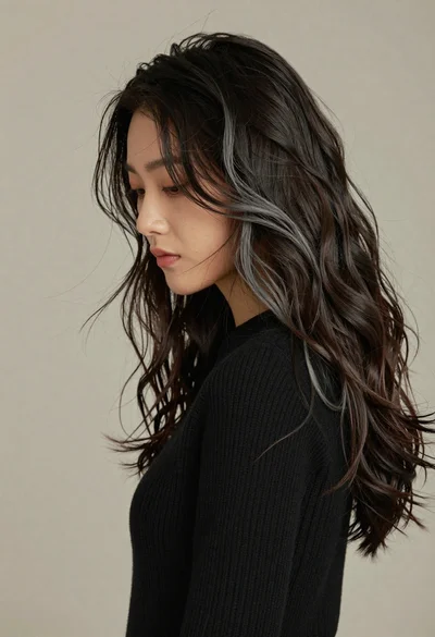 Profile portrait of woman with long dark wavy hair