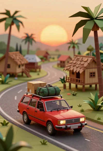 Red station wagon loaded with luggage driving on winding road through tropical