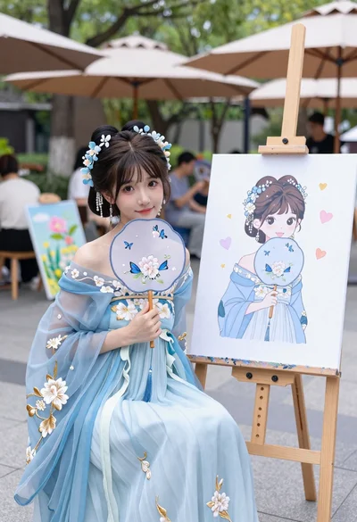 Young woman in light blue floral gown posing beside an easel at