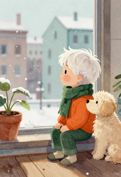 Boy and puppy on windowsill watching falling snow