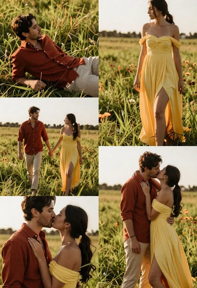 Romantic couple in yellow dress and rust shirt in sunlit meadow