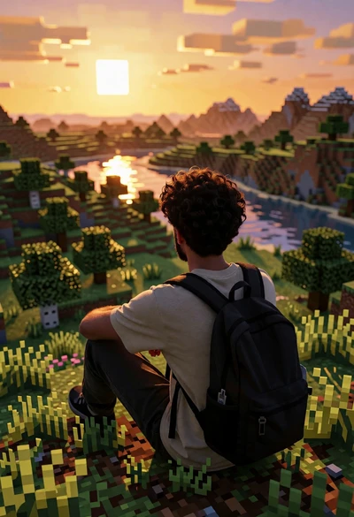 Person sitting on grassy hill overlooking vast blocky landscape at sunset