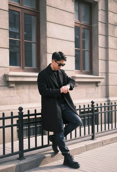 Man in black coat leaning on fence near stone building windows