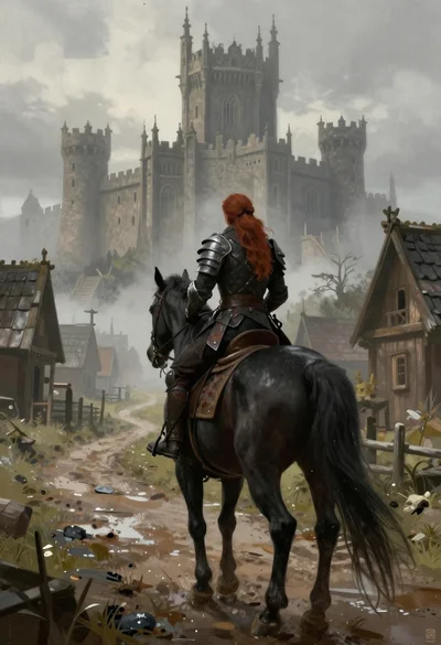 Warrior on black horse approaching gothic castle in fog