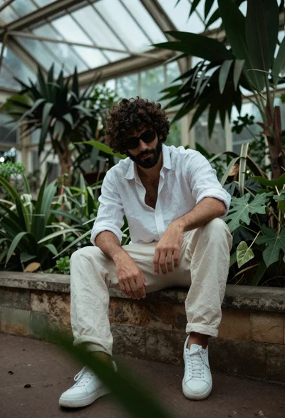 Handsome man with curly dark hair and beard sitting on stone ledge