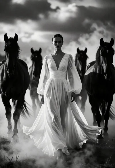 Woman in white gown centered among four dark horses emerging from mist