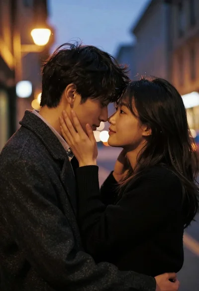 Close up portrait of couple embracing on a blurred urban street at