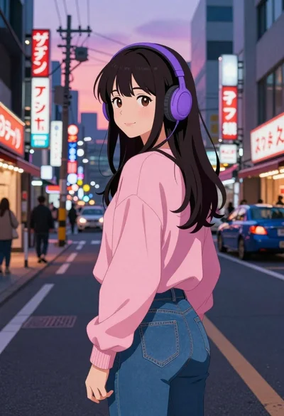 Anime woman on busy japanese street at dusk