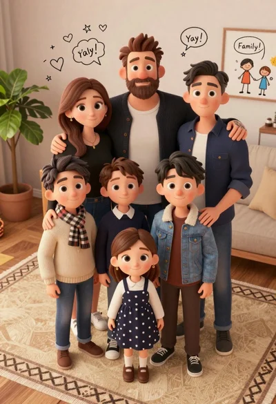 High angle group portrait of stylized family of six standing on patterned