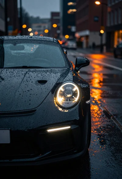 Low angle shot of black sports car on wet city street during