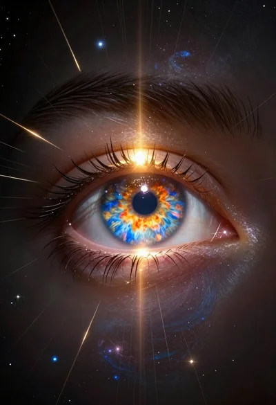 Hyperrealistic close up of human eye with glowing cosmic nebula aura in