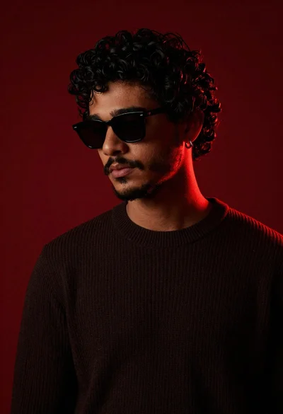 Young man with dark curly hair and beard in black sunglasses