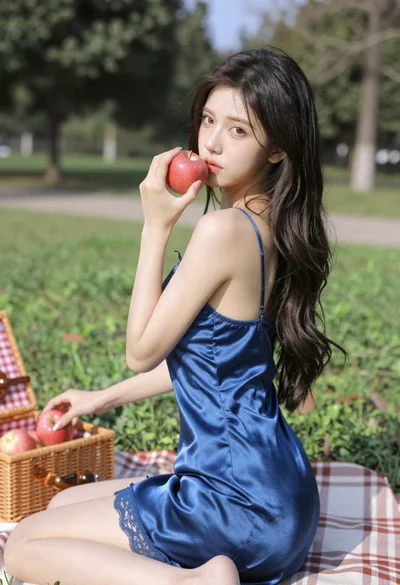 Young woman in blue slip dress holding apple on green park lawn
