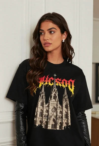 Young woman in black graphic tshirt against white paneled wall