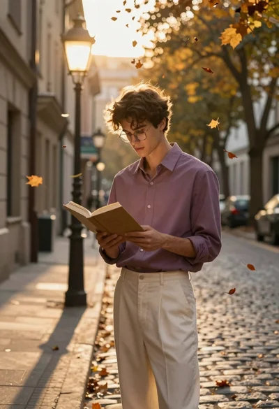 Young man reading book on european cobblestone street at golden hour