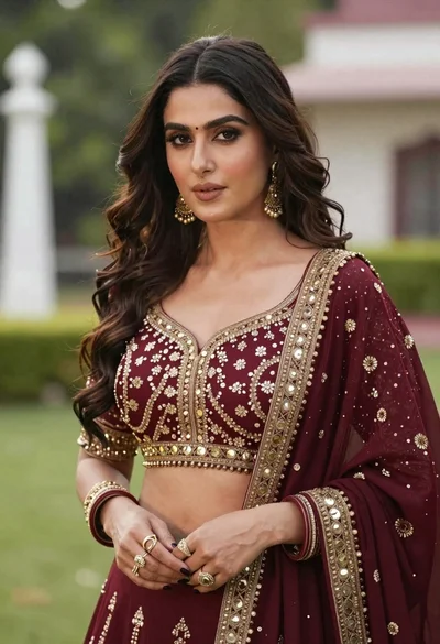 Poised woman in maroon lehenga choli amidst soft green foliage bokeh