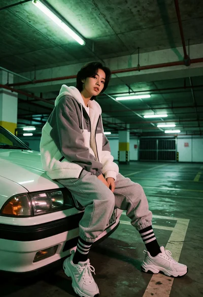Young person sitting on white car hood in green lit underground parking