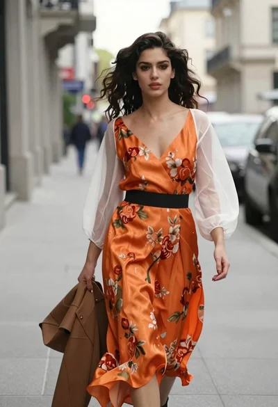 Woman in orange dress walking down an urban street
