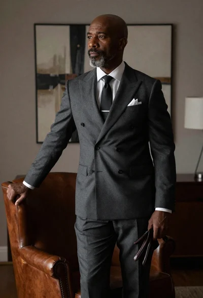 Bald man in charcoal suit by leather armchair