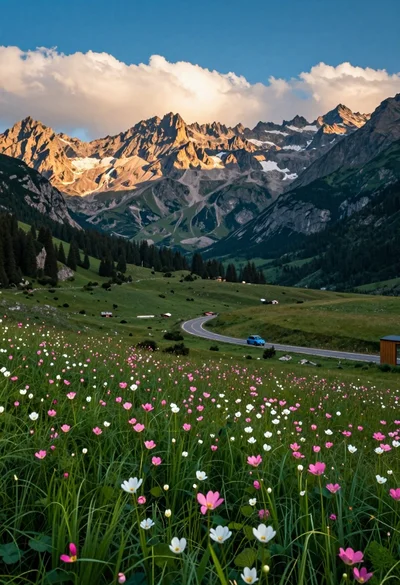 Panoramic view of mountain valley meadow road and towering rocky peaks