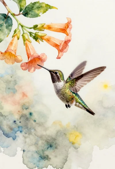 Delicate watercolor painting of a hummingbird hovering near trumpet flowers
