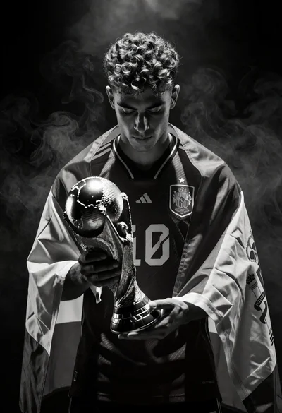 Young male athlete holding world cup trophy in dark studio setting