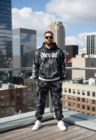 Young man in tiedye tracksuit standing on rooftop overlooking modern city skyline