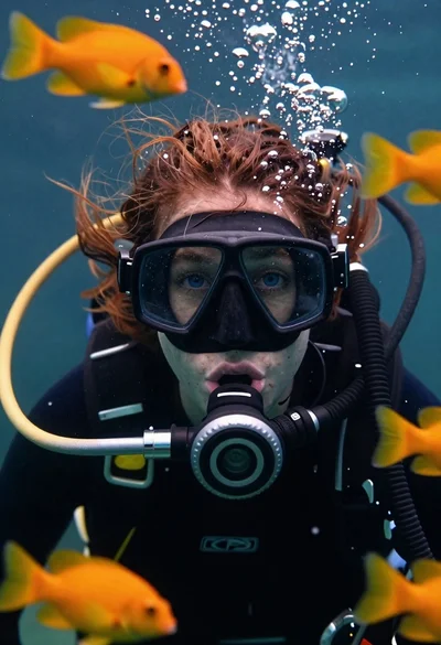 Underwater portrait of female diver with blue eyes