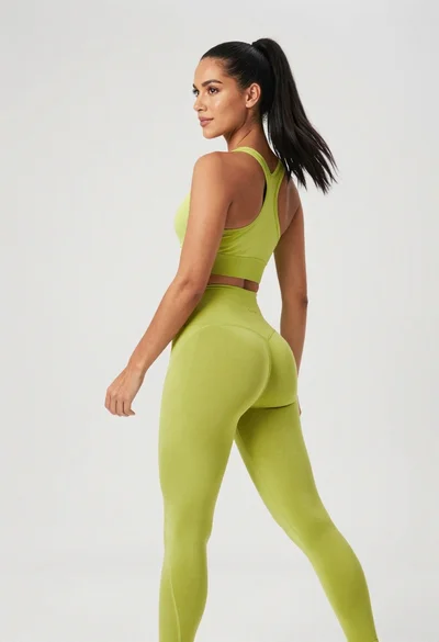 Fit woman in lime green athletic wear posing over shoulder in studio