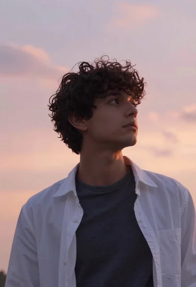 Young man looking up at soft pastel sunset sky from low angle