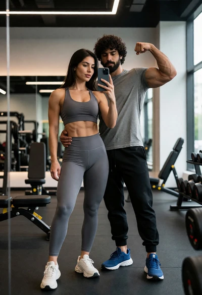 Couple taking a mirror selfie in modern gym setting with sweat