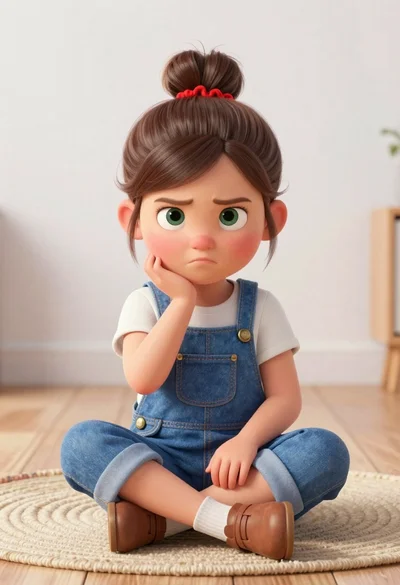 Toddler girl in blue overalls sitting cross legged on light wooden floor