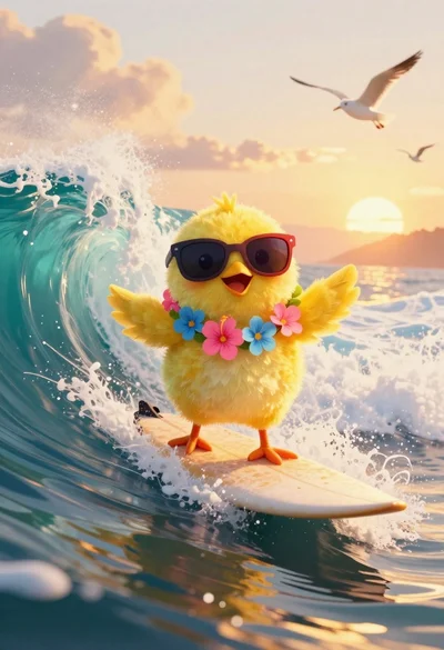 Yellow chick surfing on a turquoise ocean wave at sunset