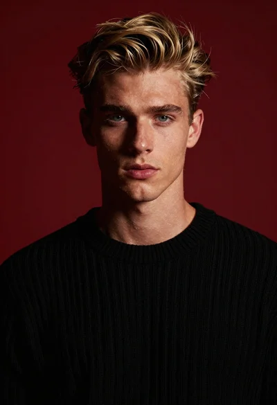 Portrait of blond man in black sweater against red background