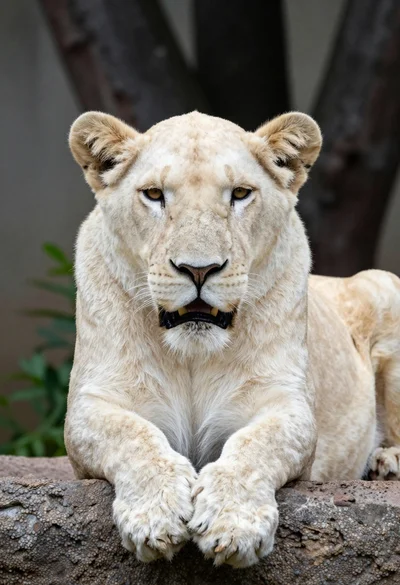 Majestic white lioness resting on textured rock with blurred forest background