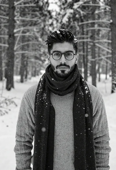 Black and white portrait of young man in snowy forest with falling