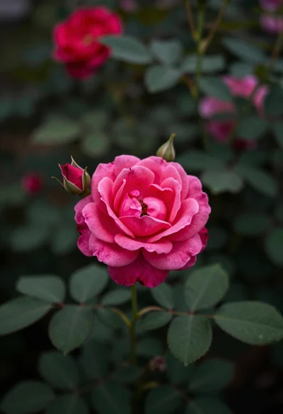 Close up photograph of vibrant pink rose bloom surrounded by lush green