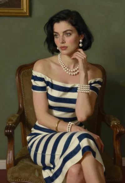 Woman in striped dress seated in armchair